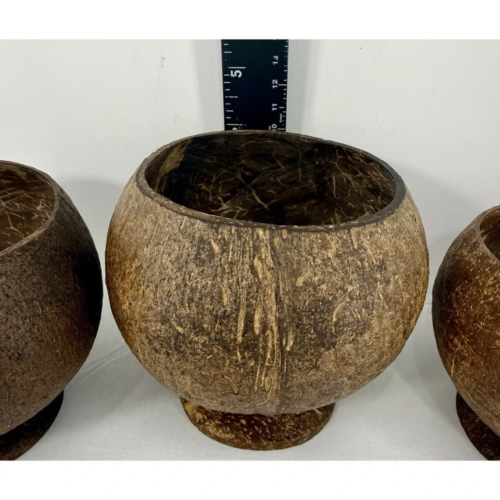 Coconut Shell Footed Bowl/ Cup‎ Set Of Three (3) Handmade Tropical Tiki Luau